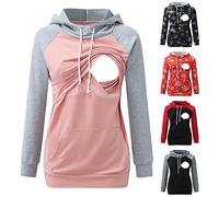Women's Pregnant Nursing Hoodies UK Sale Ladies Maternity Breastfeeding Jumpers Long Sleeve Jumper Hooded Pullover Lapel Sweatshirts Color Matching Sweatshirt Drawstring Sweaters with Pockets Tops