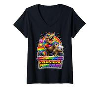 Women's Prehistoric Gay Pride Parade Rainbow Dino Celebration V-Neck T-Shirt