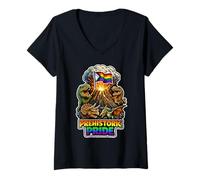 Women's Prehistoric Pride Rainbow Dino Volcano Design V-Neck T-Shirt