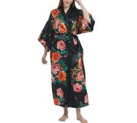 Women's Premium Long Kimono Peacock Robe Bridesmaid Bridal Wedding Party Dressing Gown Pyjamas Nightwear (Peacock Flower-Black)
