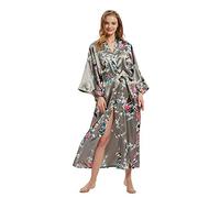 Women's Premium Long Kimono Peacock Robe Bridesmaid Bridal Wedding Party Dressing Gown Pyjamas Nightwear (Peacock Flower-Grey)