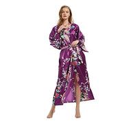 Women's Premium Long Kimono Peacock Robe Bridesmaid Bridal Wedding Party Dressing Gown Pyjamas Nightwear (Peacock Flower-Purple)