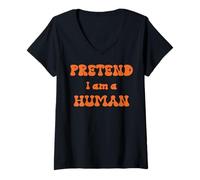 Womens Prented I Am a Human Alien Costume Joke V-Neck T-Shirt