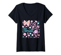 Womens Preppy Coquette Florida Flamingo Bow Pastel Aesthetic V-Neck T-Shirt
