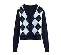 Women's Preppy England Style Knit Cardigan Argyle Pattern E-Girls 90s Long Sleeve Button Knitwear Sweater Tops Outwear (Blue, L)