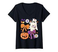 Womens Preppy Halloween Nurse Nursing Ghost Coquette Pumpkin Bow V-Neck T-Shirt