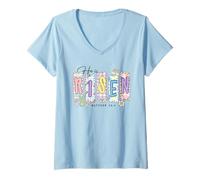 Women's Preppy He Has Risen Christian Easter Religious Bible Verse V-Neck T-Shirt