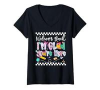 Womens Preppy Welcome Back I'm Glad You're Here Back to School V-Neck T-Shirt