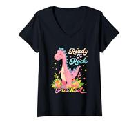 Womens Preschool Girl Dinosaur Dino Back to School Cartoon Pink V-Neck T-Shirt