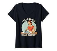 Womens Press On Life Crease Resistant Retro Ironing Life Quote V-Neck T-Shirt