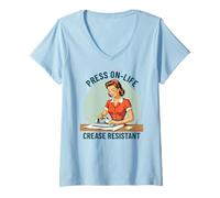 Womens Press On Life Crease Resistant Retro Ironing Life Quote V-Neck T-Shirt