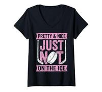 Women's Pretty and Nice Just Not On The Ice Funny Girl Hockey Player V-Neck T-Shirt