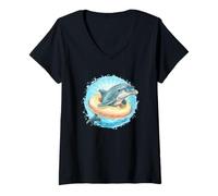 Women's Pretty Dolphin with Pool Ring for Summer and Dolphins Lovers V-Neck T-Shirt