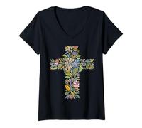 Womens Pretty Flowers Cross Spiritual Gardener Vintage Wildflowers V-Neck T-Shirt