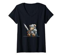 Women's Pretty Knightly Teddy Bear Costume with Big Sword V-Neck T-Shirt