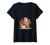Women's Pretty Rock Bear Costume for Drums Instruments Lovers V-Neck T-Shirt