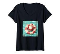 Womens Pretty Santa Pool Party with Ring for Vacation Lovers V-Neck T-Shirt