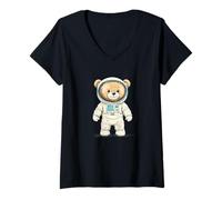 Womens Pretty Teddy Bear Astronaut Looking for Aliens V-Neck T-Shirt