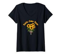 Womens Pretty Women's Faith Over Fear Sunflowers Cross Joshua 1:9 V-Neck T-Shirt