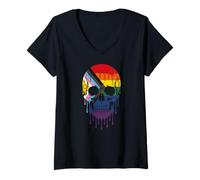 Women's Pride Month Dripping Rainbow Progress Skull LGBT V-Neck T-Shirt