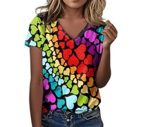Womens Pride Outfit Idea for Women & Rainbow LGBTQ Flag Heart V-Neck T-Shirt Oversized Summer Tops Breathable Running Shirts Lightweight Functional Shirt Y2k Streetwear