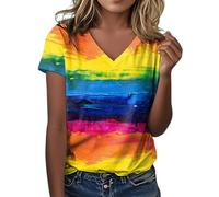 Womens Pride Outfit Idea for Women & Rainbow LGBTQ Flag Heart V-Neck T-Shirt Oversized Summer Tops Breathable Running Shirts Lightweight Functional Shirt Y2k Streetwear