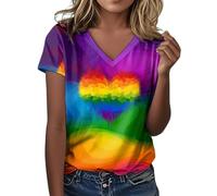 Womens Pride Outfit Idea for Women & Rainbow LGBTQ Flag Heart V-Neck T-Shirt Oversized Summer Tops Breathable Running Shirts Lightweight Functional Shirt Y2k Streetwear
