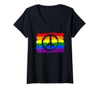 Womens Pride Peace Sign Rainbow Flag LGBTQ Love Unity Design V-Neck T-Shirt