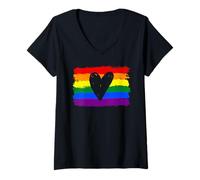 Womens Pride Rainbow Flag Black Heart LGBTQ Unity Love Design V-Neck T-Shirt