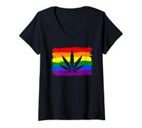 Womens Pride Weed Leaf Rainbow Flag LGBTQ Stoner Vibe Smoker Design V-Neck T-Shirt