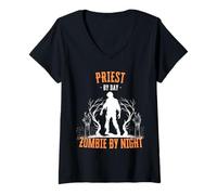 Womens Priest by Day Zombie by Night Funny Halloween Creepy Scary V-Neck T-Shirt