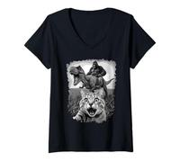 Womens Primal Surprise Cat Unleashes a Wacky Dino-Riding-Ape V-Neck T-Shirt