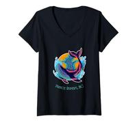 Womens Prince Rupert, BC Colorful Abstract Indigo Whale Design V-Neck T-Shirt