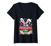 Women's Principal Bunny Easter Bunny Costume Hunting Colorful Eggs V-Neck T-Shirt
