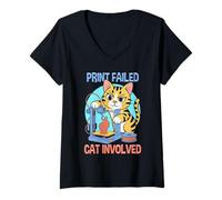 Women's Print Failed Cat Involved Funny 3D Printing Maker V-Neck T-Shirt
