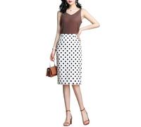Womens Print Midi Pencil Skirt High Waisted Stretch Office Straight Spit Skirt, Polka Dot White, XS