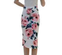 Womens Print Midi Pencil Skirt High Waisted Stretch Office Straight Spit Skirt, Rose Floral Pink, L