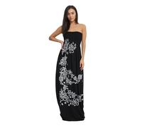 Women's Printed Bandeau Strapless Maxi Dress, Boho Style Sundress for Summer & Holidays, Strapless Sheering Long Maxi Dress, Plus Dresses (UK, Alpha, XXL, Regular, Regular, Floral Black)