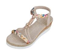 Women's Printed Braided Espadrille Wedge Sandals Elastic Slingback Beaded Rhinestone Open Toe Lightweight Cushioned Non Slip Flatform Bohemian Sandals for Summer Festival Beach Outdoor Getaway