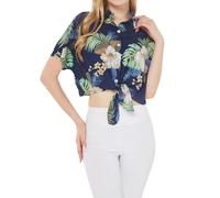Women's Printed Button Down Shirt Tie-Up Crop Top - Short Sleeve Casual Summer Blouse, Adjustable Knot Front, Pineapple, XL