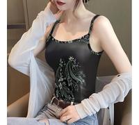 Women's Printed Camisole Tank Top with Adjustable Straps, For Slim Fit Sleeveless Vest for Casual Daily Holiday Party Wear, Regular Length Blouse in Blue Red(L Black)