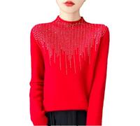 Women's Printed Diamond Knitted Half Height Merino Wool Loose Warm Cashmere Sweater Hong XXL