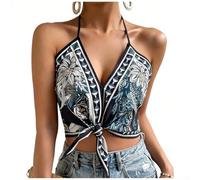 Women's Printed Knotted Halter Top Vacation Style | Vacation style print, knotted front detail, sleeveless halter , moderate elasticity, regular length fit