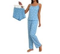 Women's Printed Lace Pajama Set 3-Piece Sleeveless | for Soft polyester fabric, floral print design, sleeveless vest for top, lace trim detail, three-piece set