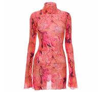 Women's Printed Long Sleeve, Print Chiffon Crew Neck High Side Slit Women Sexy See Through Mini Bodycon Mesh Dress Y2k Floral Tulle Dress Beach Cover Up for Summer