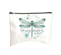 Women's Printed Makeup Bag - Cartoon Print Canvas Makeup Organizer, Cute Cosmetic Pouch, White Travel Toiletry Bag with Black Zipper, Gift for Her (Dragonfly)