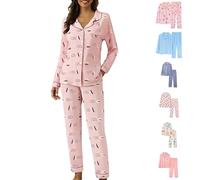 Womens Printed Pyjamas Womens Shirt Pyjamas Set Regular Fit Autumn Sleepwear Y2K Patterned Sleepwear 2 Piece Lounge Set Cute Pjs Sleepwear Long Sleeve Shirt Pants Sets With Breast Pockets Pink