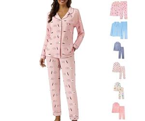 Womens Printed Pyjamas Womens Shirt Pyjamas Set Regular Fit Autumn Sleepwear Y2K Patterned Sleepwear 2 Piece Lounge Set Cute Pjs Sleepwear Long Sleeve Shirt Pants Sets With Breast Pockets Rose Gold