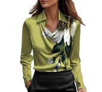 Women's Printed Satin Collared Blouse, Drape Neck Long Sleeves Top with Floral Pattern, Smooth Fabric Elegant Shirt, Ladies Formal Casual Wear, Comfortable Versatile Daily Stylish Ladies Blouse Green