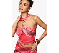 Womens Printed Textured Mesh Halterneck Trim Detail Top - Pink - 10, Pink